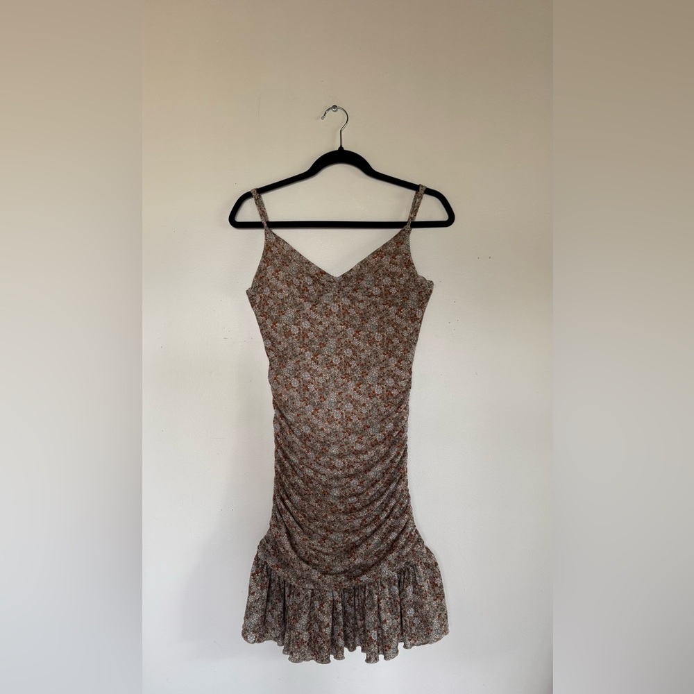 Brown Floral Mini Slip Dress with Ruffle Hem